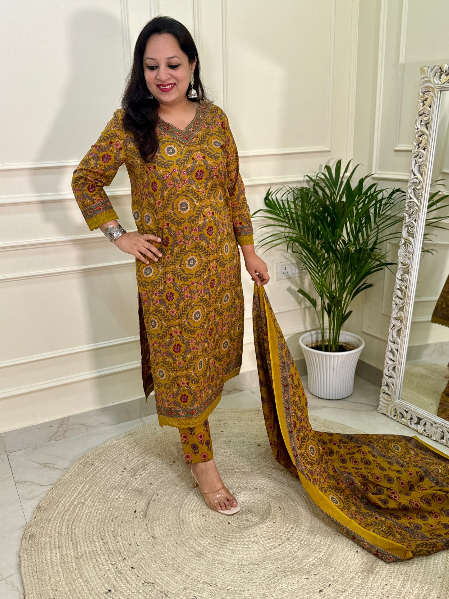 Dhaani Kalamkari Printed Straight V Neck Suit Set with lace work-Mustard