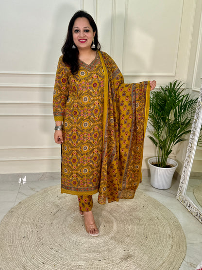 Dhaani Kalamkari Printed Straight V Neck Suit Set with lace work-Mustard