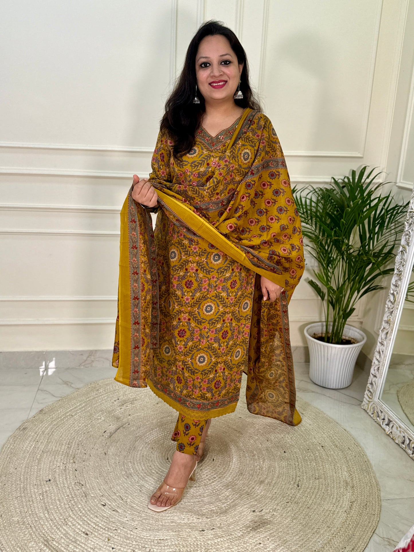 Dhaani Kalamkari Printed Straight V Neck Suit Set with lace work-Mustard