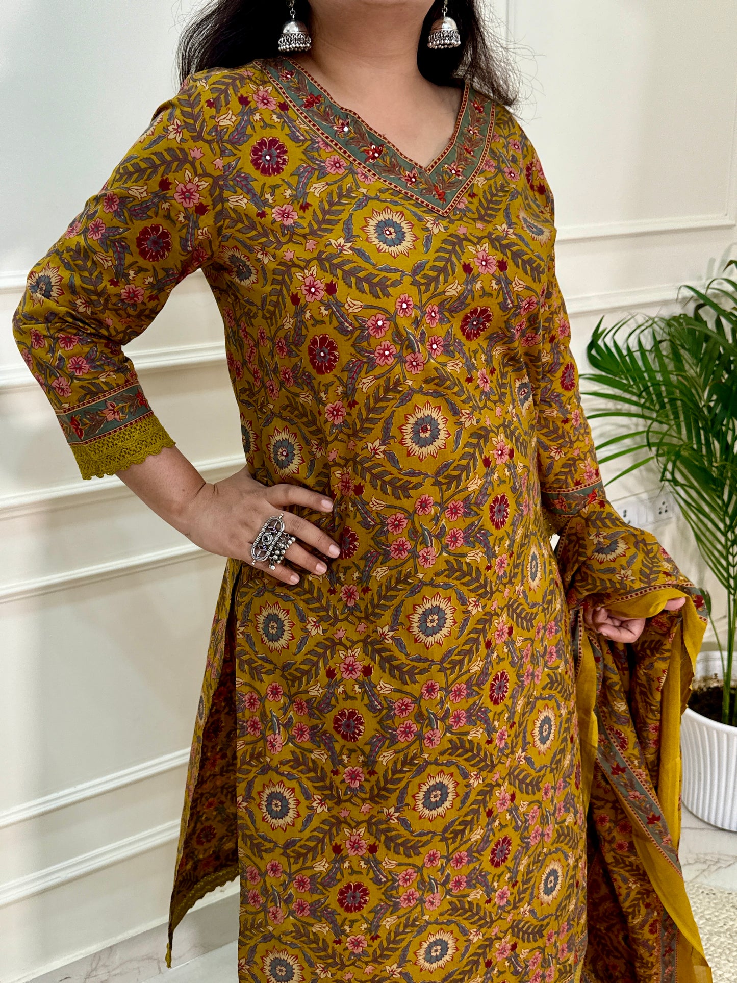 Dhaani Kalamkari Printed Straight V Neck Suit Set with lace work-Mustard