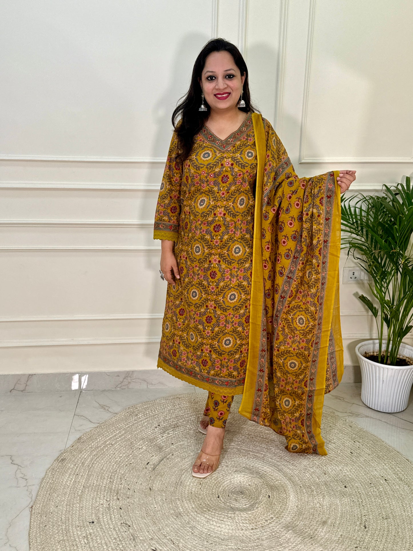 Dhaani Kalamkari Printed Straight V Neck Suit Set with lace work-Mustard