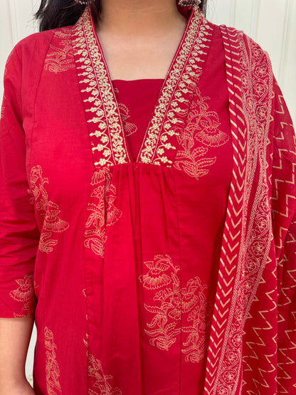A Line Pattern Khadi Print Suit Set with Palazzo-Red colour