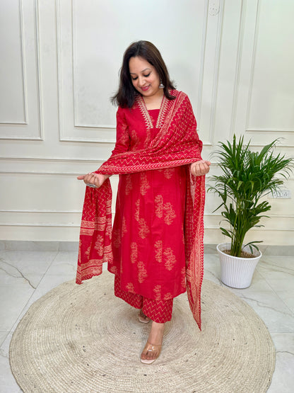 A Line Pattern Khadi Print Suit Set with Palazzo-Red colour
