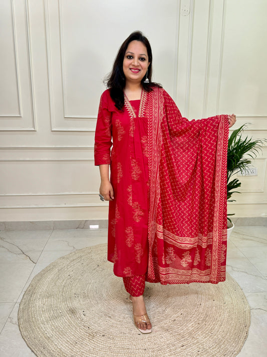 A Line Pattern Khadi Print Suit Set with Palazzo-Red colour