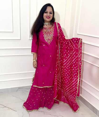 Beautiful Hand Embroidered Gota Work Sharara Suit in Hot Pink Colour