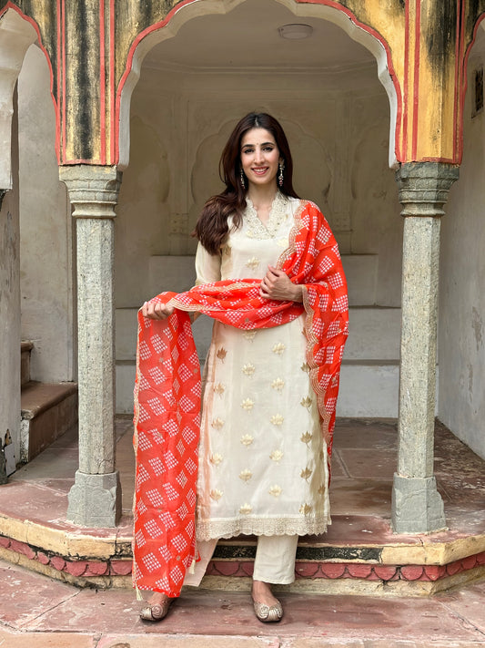 Viscose Organza Off White Banarasi Weave Kurta with Bandhani Dup