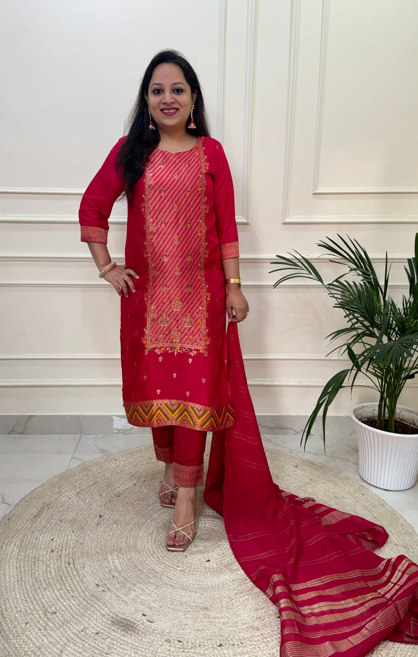 Silk Zari Jacqaurd Suit Set-Pink Colour