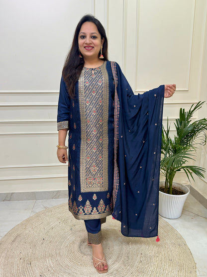 Silk Zari Jacqaurd Suit Set- Navy Blue Colour