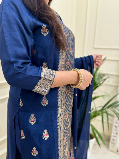 Silk Zari Jacqaurd Suit Set- Navy Blue Colour