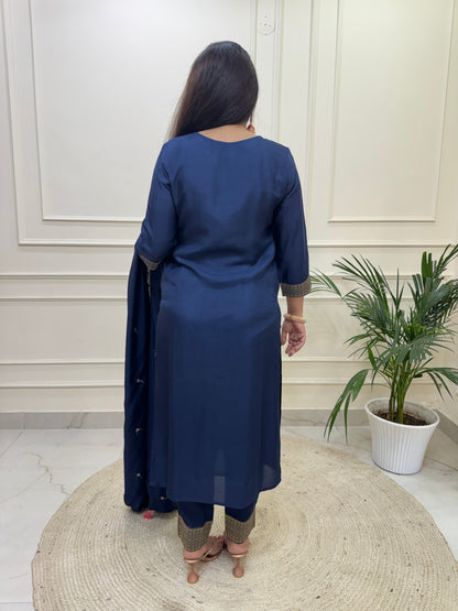 Silk Zari Jacqaurd Suit Set- Navy Blue Colour