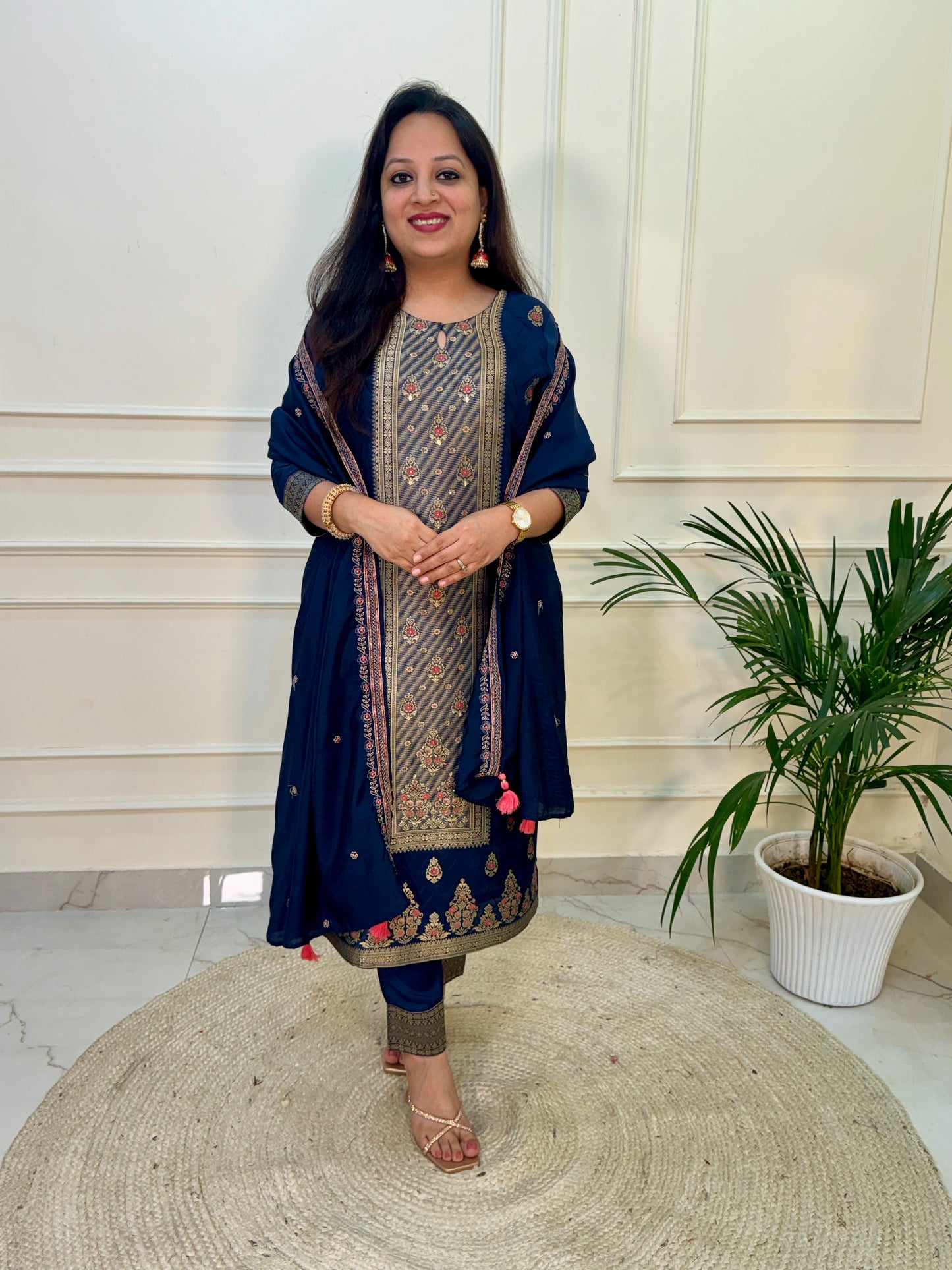 Silk Zari Jacqaurd Suit Set- Navy Blue Colour