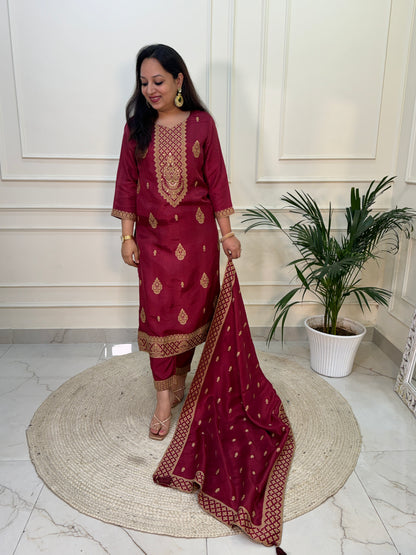 Silk Zari Jacqaurd Suit Set-Maroon Colour