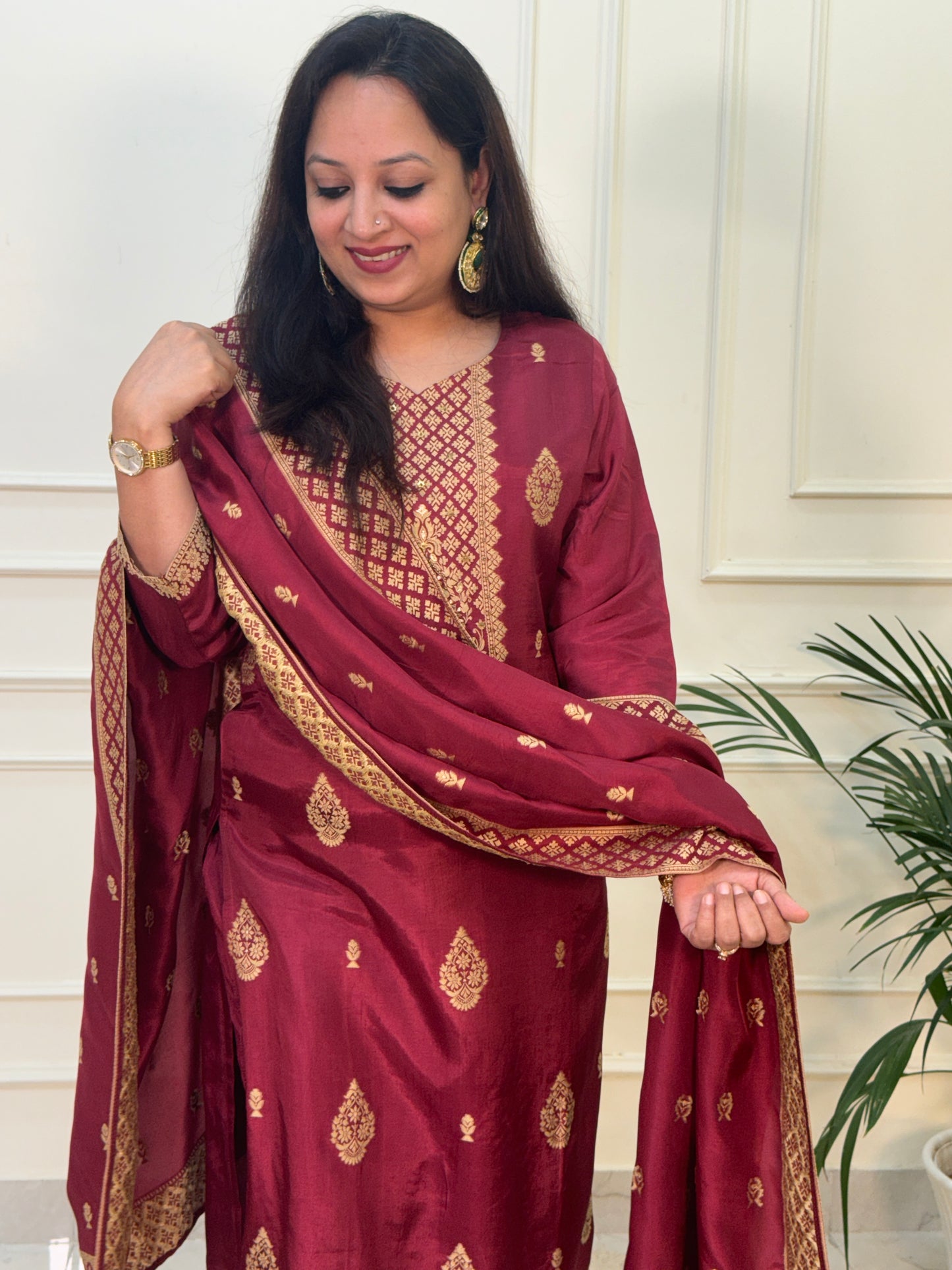 Silk Zari Jacqaurd Suit Set-Maroon Colour