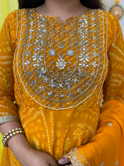 Georgette Bandhani Suit with Hand Embroidery - Yellow (Colour)