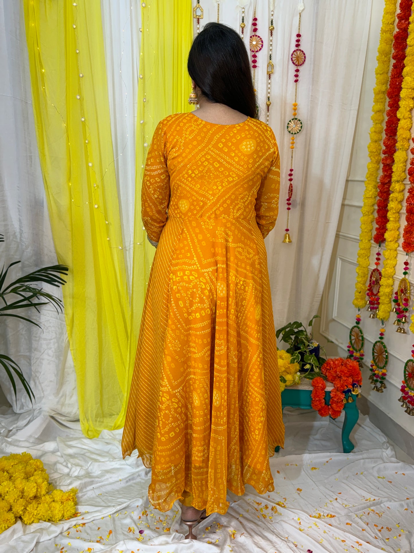 Georgette Bandhani Suit with Hand Embroidery - Yellow (Colour)