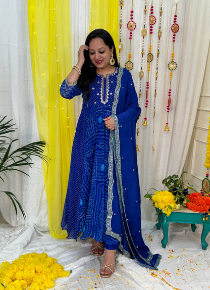 Georgette Bandhani Suit with Hand Embroidery - Blue (Colour)