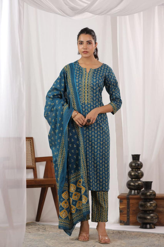 Vaya Pure Cotton Royal Jaipuri Print Suit- Blue