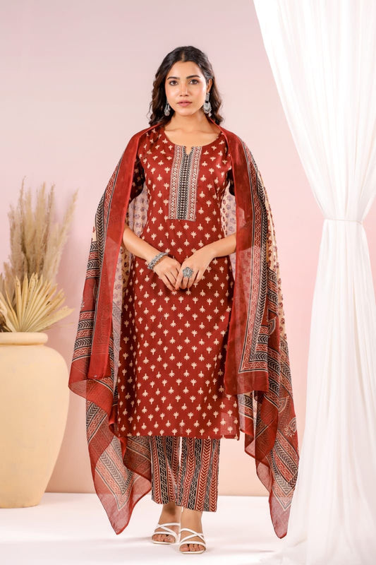 Vaya Pure Cotton Royal Jaipuri Print Suit- Maroon