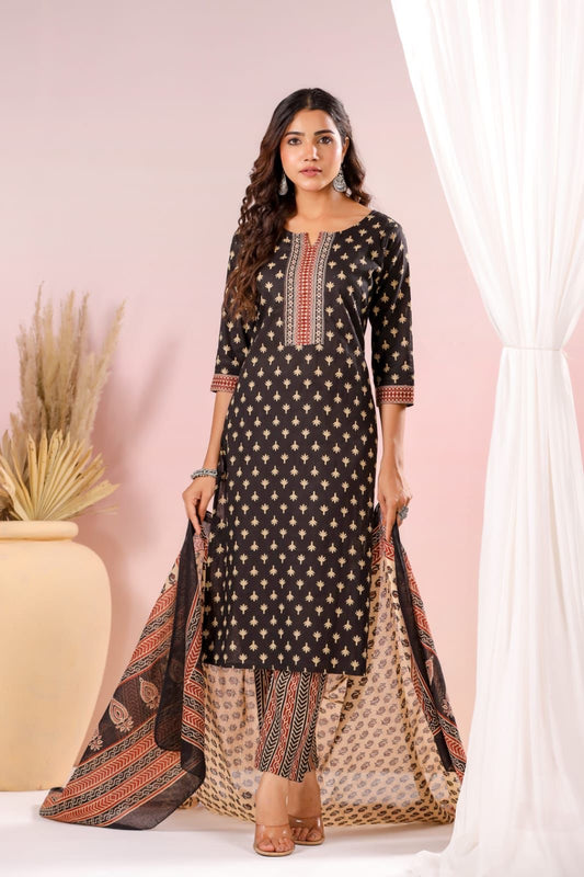 Vaya Pure Cotton Royal Jaipuri Print Suit- Black