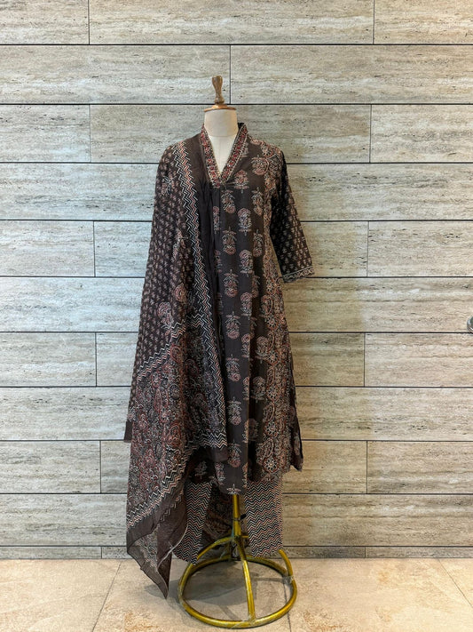 Sera Pure Cotton Aline Jaipuri Print Suit Set-Brown