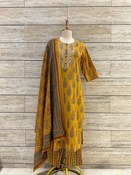 Tira Pure Cotton Pittan Embroidery Jaipuri Print Suit-Yellow