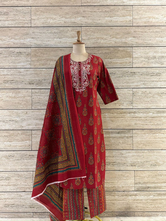 Tira Pure Cotton Pittan Embroidery Jaipuri Print Suit-Red