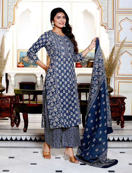 Riwaa Pure Cotton Indigo Suit Set-Blue