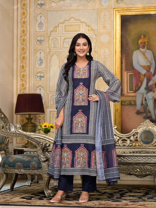 Farhaat Cotton Ajrakh Suit Set-Navy Blue