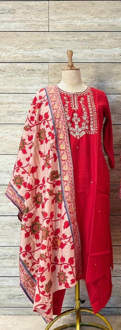 Sitara Hand Embroidered Silk Suit Set - Red