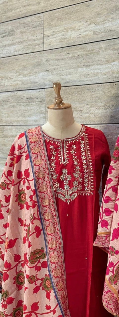 Sitara Hand Embroidered Silk Suit Set - Red