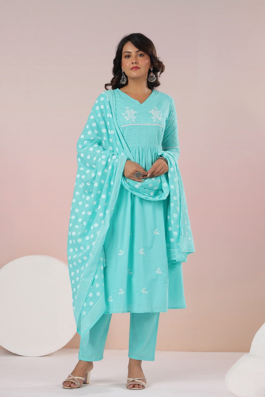 Saanya Pure Cotton Aline Suit Set- Sky Blue