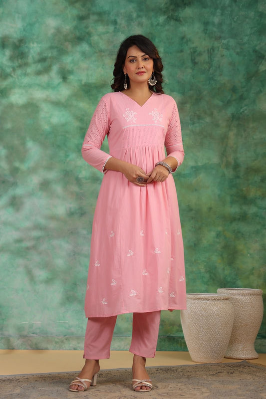 Saanya Pure Cotton Aline Suit Set- Baby Pink