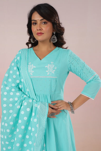 Saanya Pure Cotton Aline Suit Set- Sky Blue