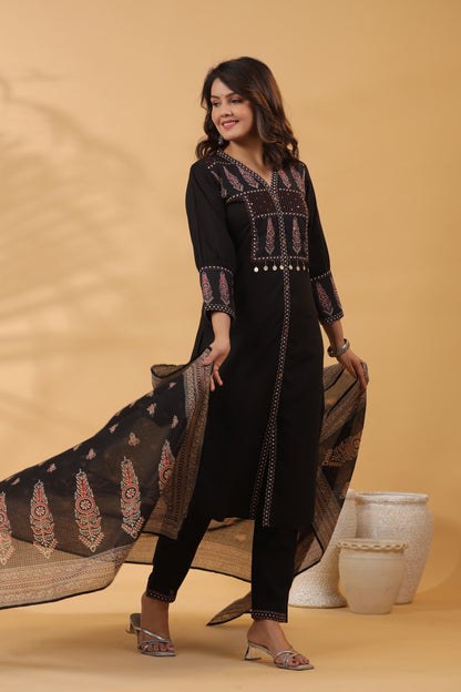 Nayab Pure Cotton Boho Yoke Suit Set- Black