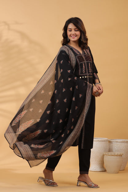 Nayab Pure Cotton Boho Yoke Suit Set- Black