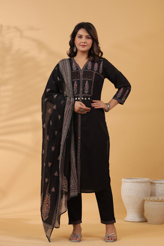 Nayab Pure Cotton Boho Yoke Suit Set- Black