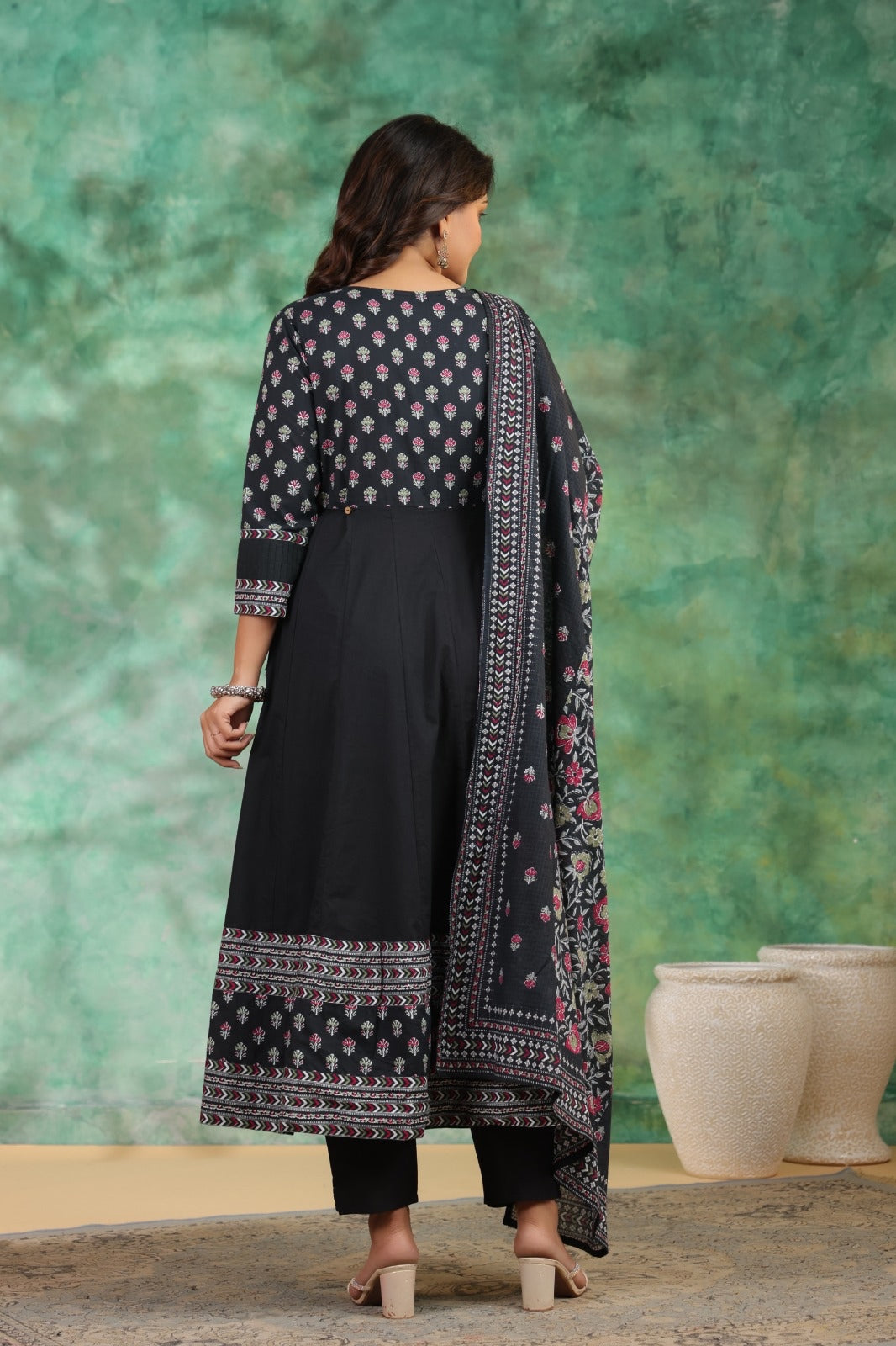 Nayab Pure Cotton Boho Anarkali Suit Set- Black