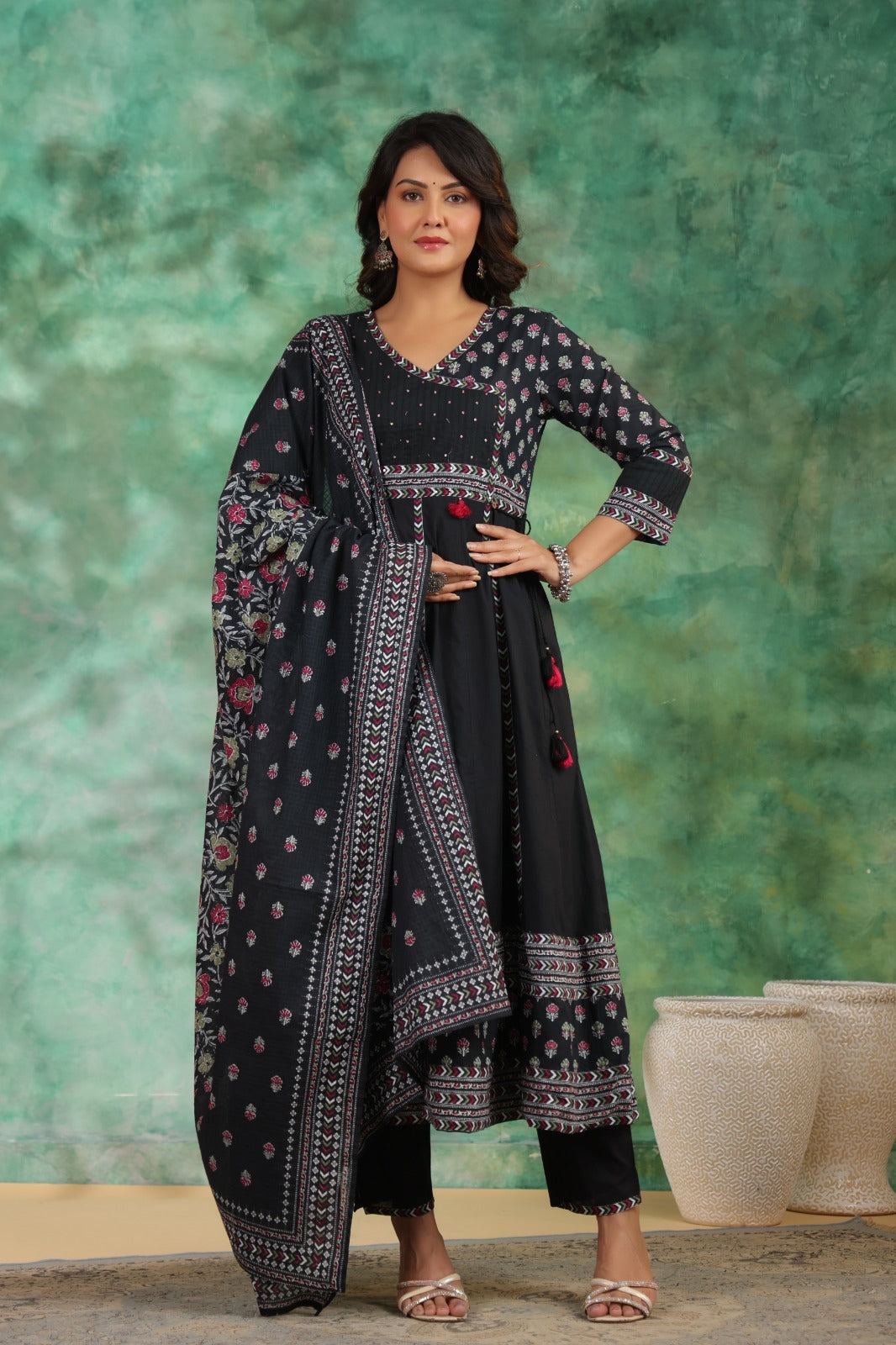 Nayab Pure Cotton Boho Anarkali Suit Set- Black