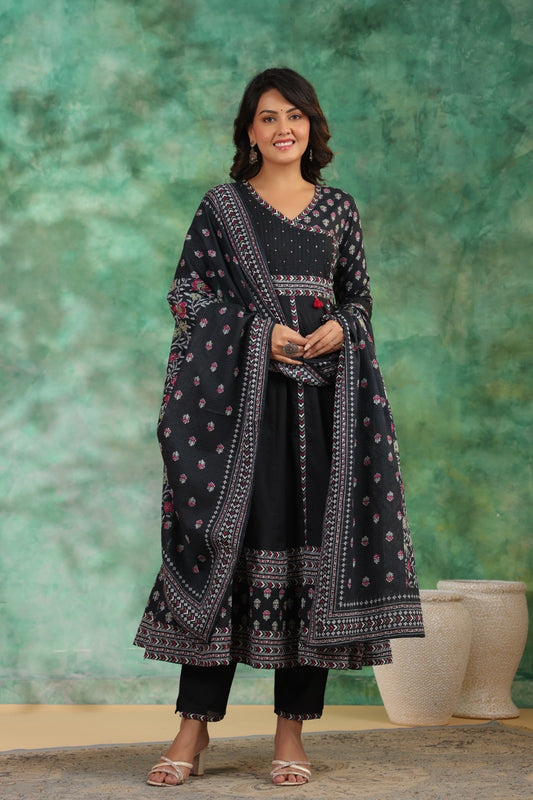 Nayab Pure Cotton Boho Anarkali Suit Set- Black