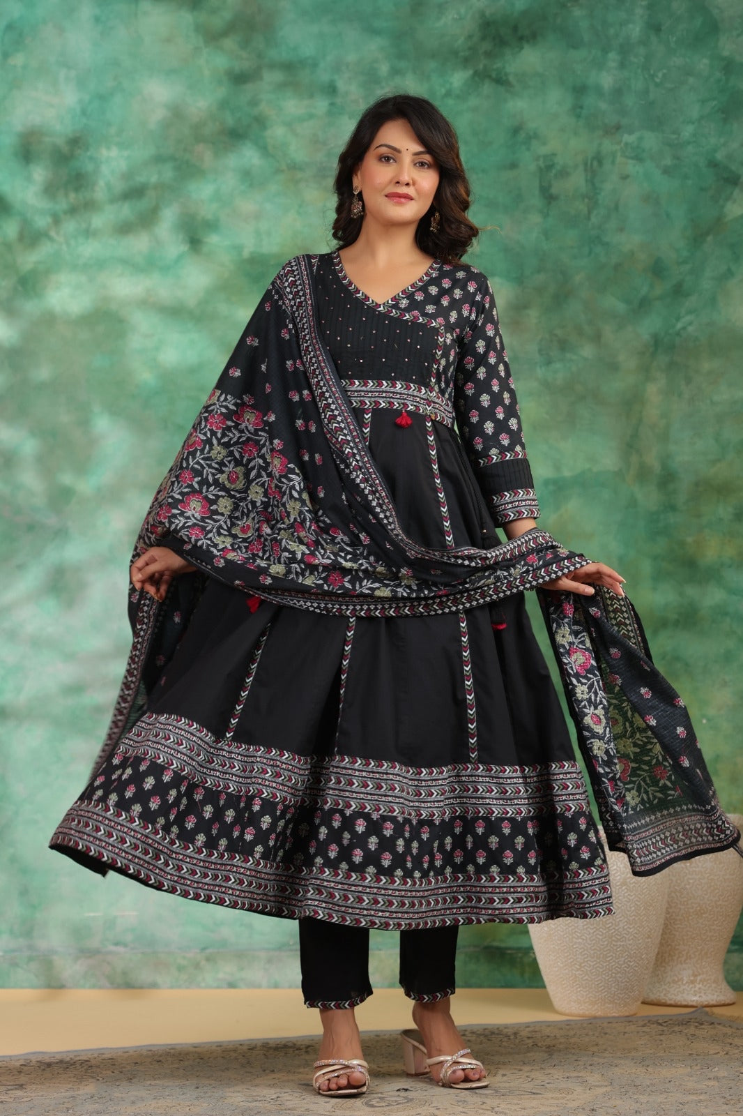 Nayab Pure Cotton Boho Anarkali Suit Set- Black