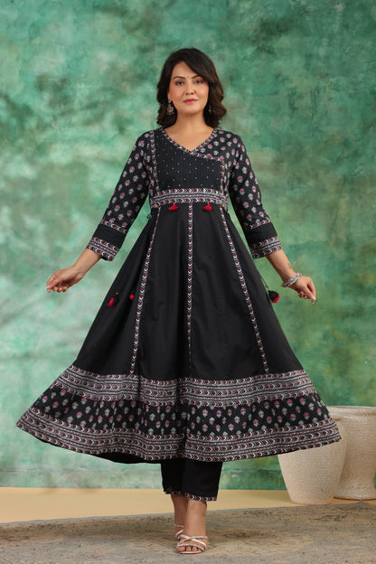 Nayab Pure Cotton Boho Anarkali Suit Set- Black