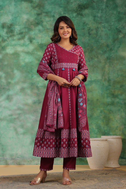 Nayab Pure Cotton Boho Anarkali Suit Set- Wine