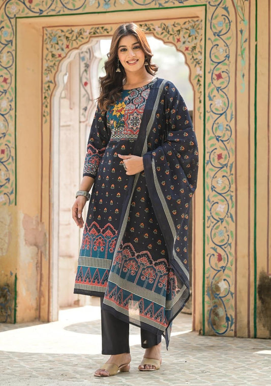 Aamna Pure Cotton Placement Print Ajrakh Suit Set- Black