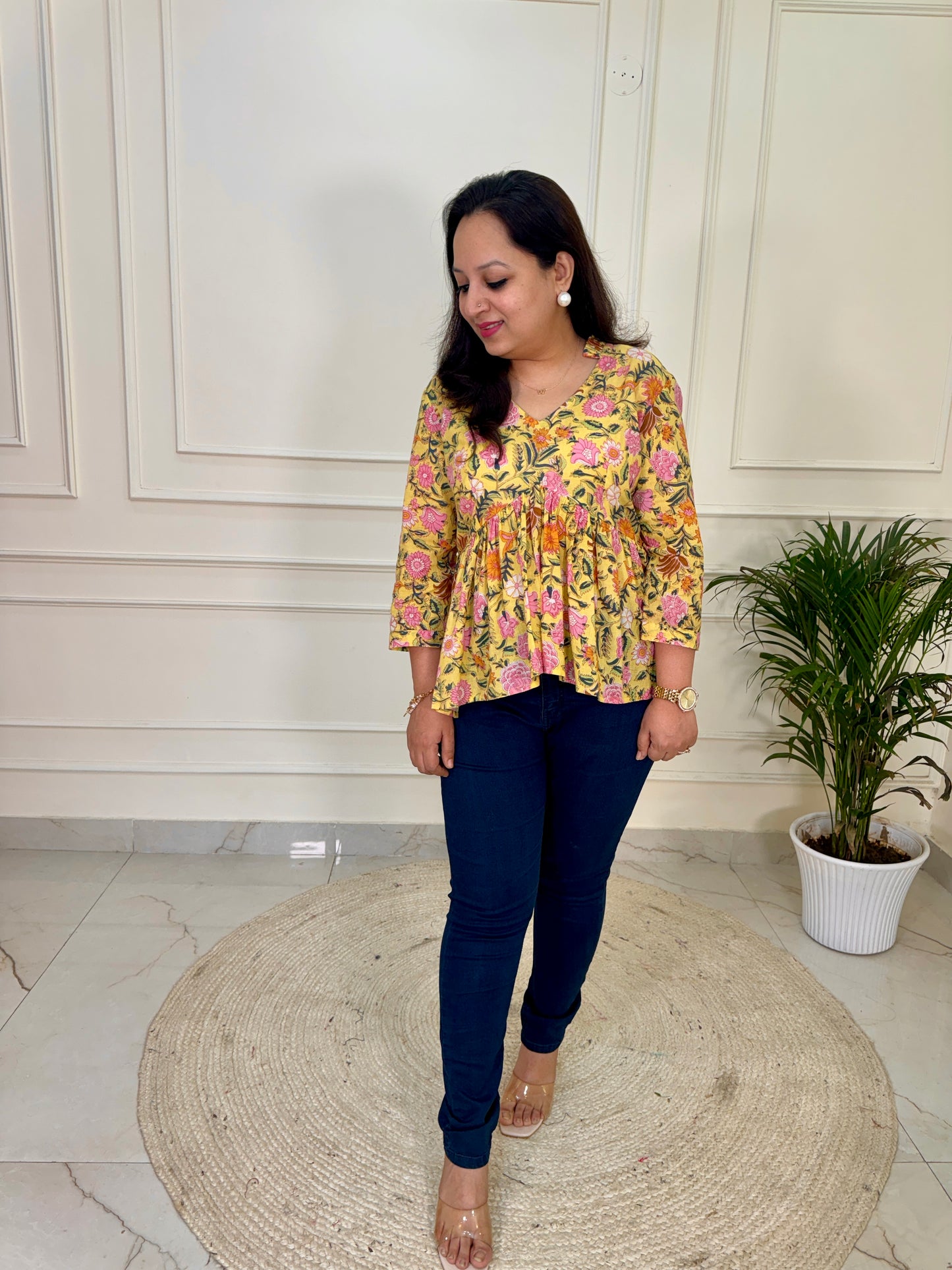 Hand Block Print Floral Gather Top-Yellow