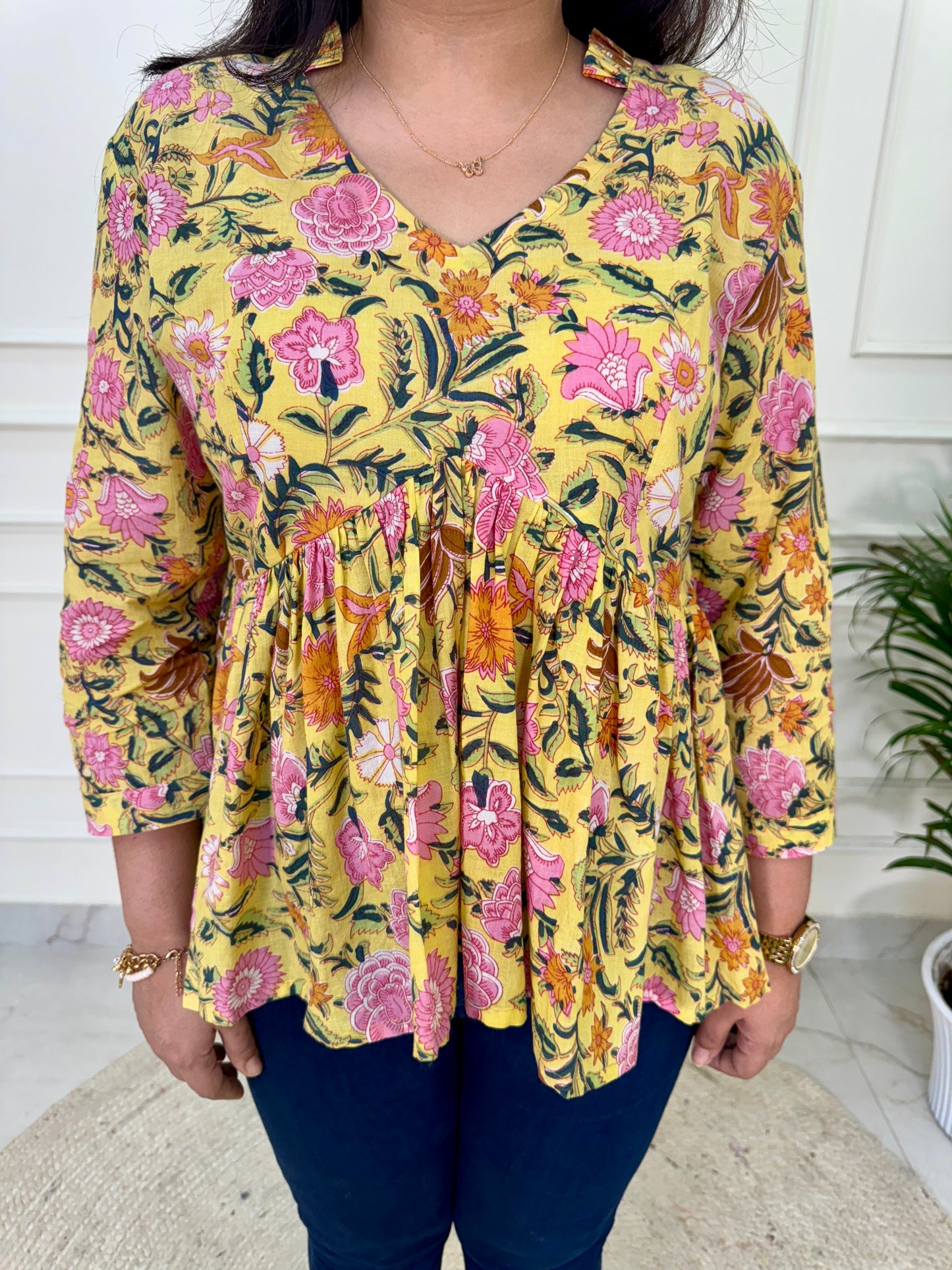 Hand Block Print Floral Gather Top-Yellow