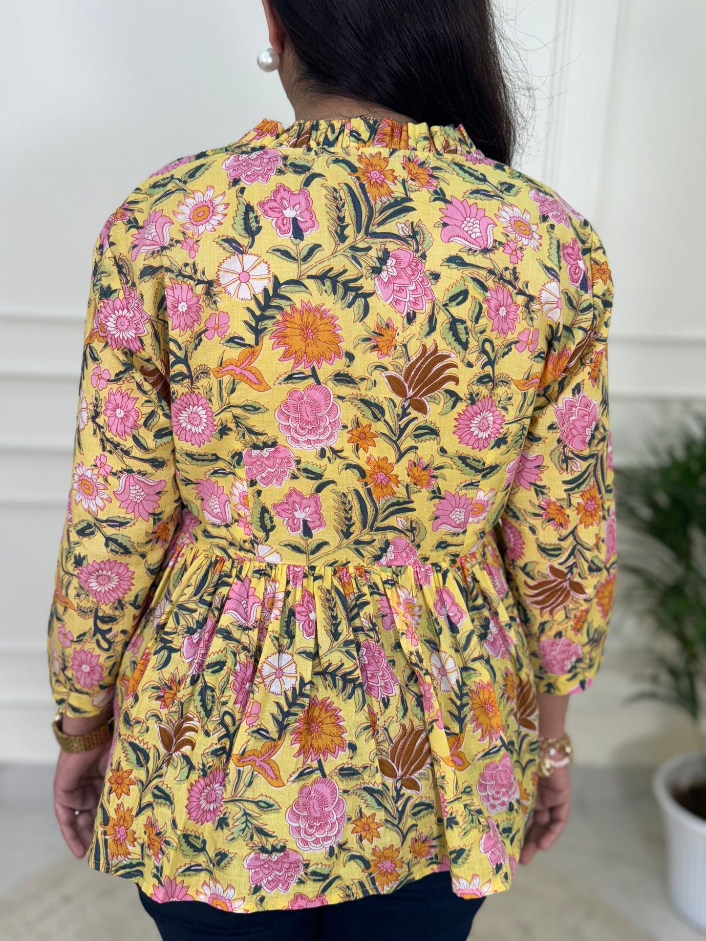 Hand Block Print Floral Gather Top-Yellow