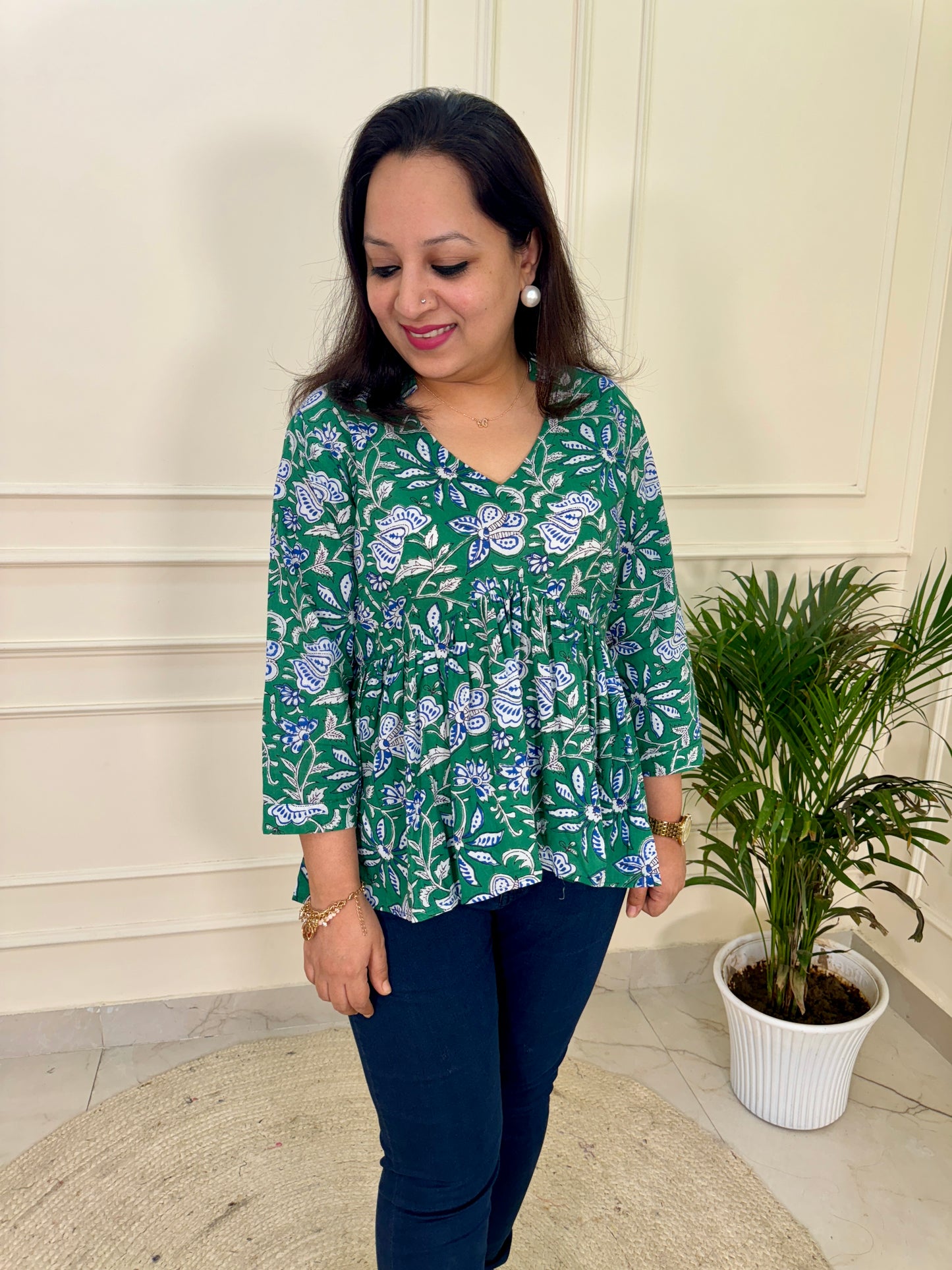 Hand Block Print Floral Gather Top-Green