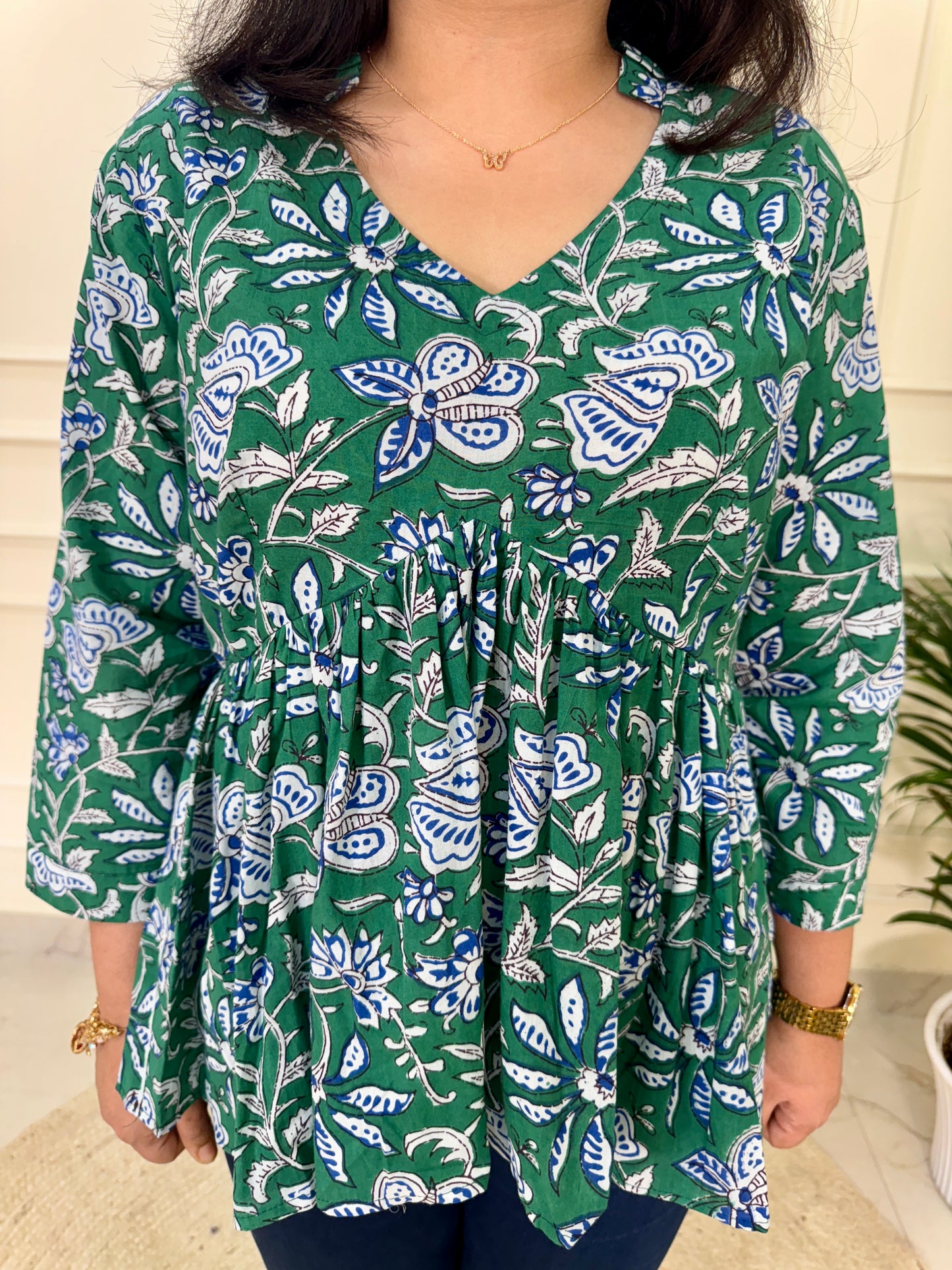 Hand Block Print Floral Gather Top-Green