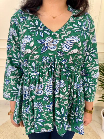 Hand Block Print Floral Gather Top-Green