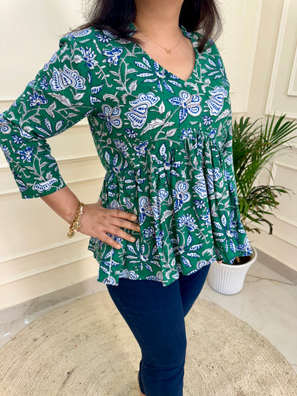 Hand Block Print Floral Gather Top-Green